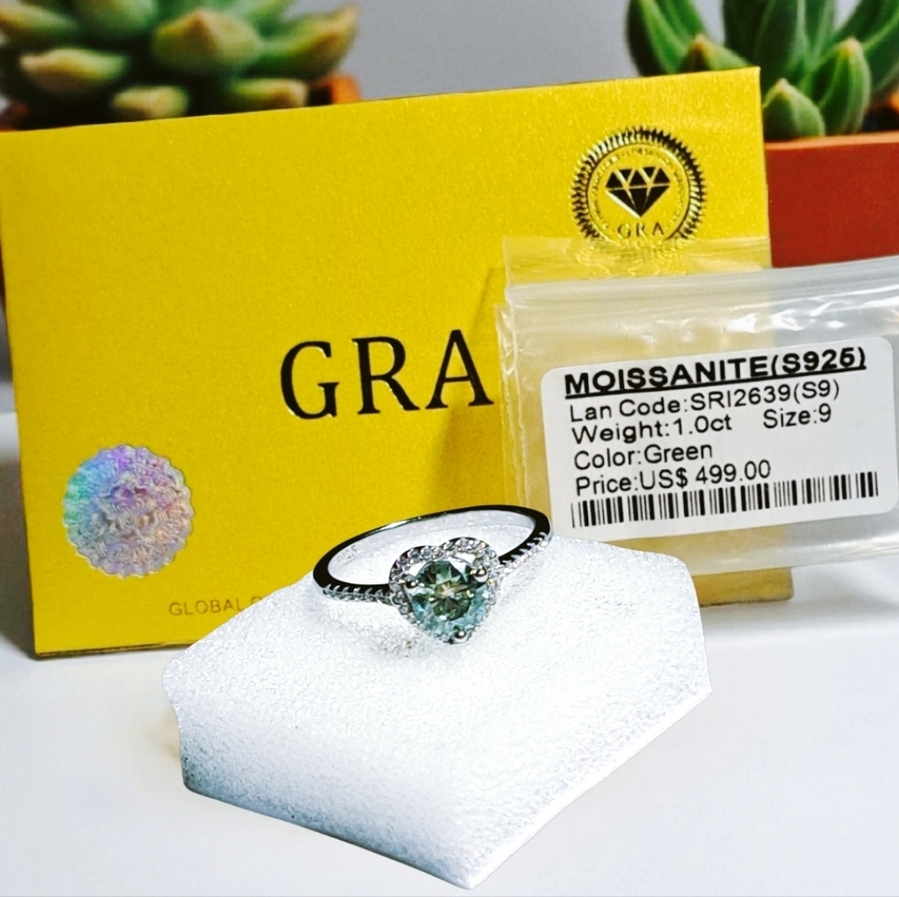 Heart-Cut Green Moissanite Ring | S925 Sterling | Size 9 | $499 Retail